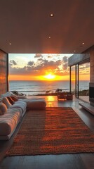 Obraz premium Interior living room with large window overlooking ocean at sunset or sunrise.