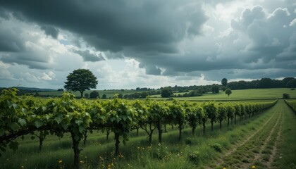 Lush Vineyard Under Dramatic Skies with Rolling Green Hills