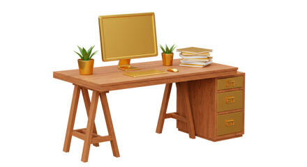 Isolated Wooden Office Desk with Golden Accents Plant and Books