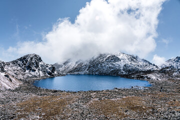 Beautiful Glacial Lake in the Himalayas of Suryakunda, Langtang National Park, Gosaikunda, Nepal with Lauribina Pass View