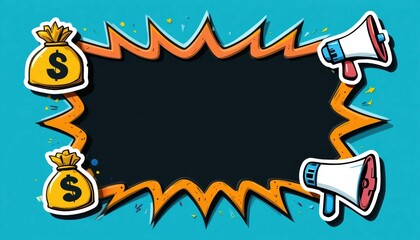 Exciting marketing promotion announcement with money bags and megaphones bright colorful background graphic design fun engaging visuals