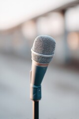 Fototapeta premium single microphone stands in empty room illuminated by soft light suggesting serene minimalistic setting