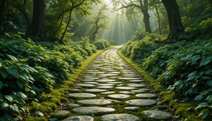 Naklejka premium Serene Pathway Surrounded by Lush Greenery and Soft Sunlight