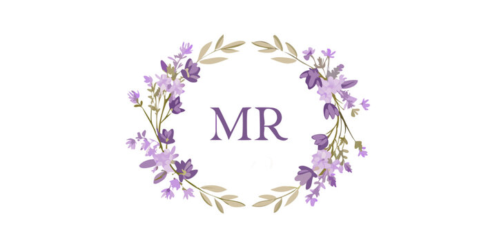 Lavender floral wreath with initials MR