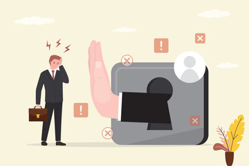 Download or access denied. Do not have login permission. Can't log in to account. Person wanting to enter but giant hand in stop or prohibition gesture