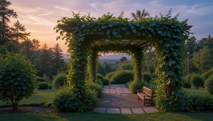 Obraz premium Serene Garden Archway Framed by Lush Greenery at Sunset