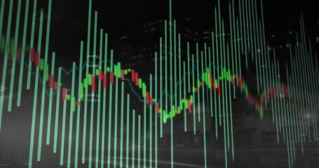 Financial data overlay moving across dark urban street scene, featuring green bars and candlesticks - Powered by Adobe