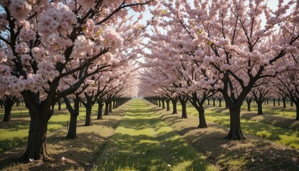Fototapeta premium Lush Cherry Blossom Trees Aligned in a Scenic Spring Landscape