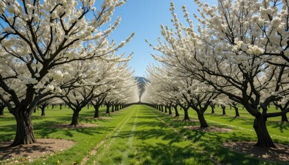 Blossoming Fruit Trees Aisle with White Flowers Under Clear Sky