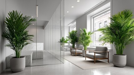 Fototapeta premium Glass partition walls, comfortable seating area, stylish potted plants, natural wood accents, bright and airy feel - workspace partition elements natural