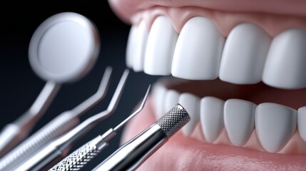 High-angle shot of dental tools positioned above a patient's open mouth prepared for an exam - essential tools mask