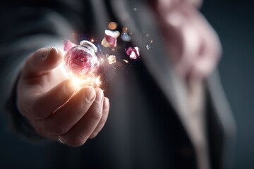 A hand holding a glowing orb with sparkling effects around it.