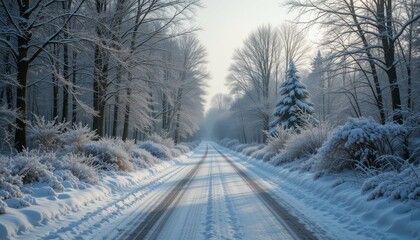 Fototapeta premium Serene Winter Landscape with Snow-Covered Trees and Tranquil Road