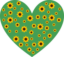 An artistic illustration featuring a vibrant green heart filled with bright yellow sunflowers, symbolizing love, care, and support for people with Autism Spectrum Disorder. 