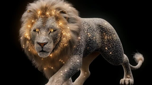 3d render of abstract art with surreal wild king lion animal in walk process based on neon glowing curve wavy lines forms in purple red and white color on black background  