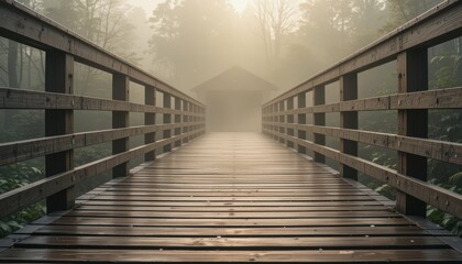 Serene Wooden Bridge Leading into Misty Forest Landscape