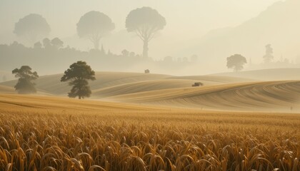 Serene Golden Fields Under Morning Mist with Silhouetted Trees