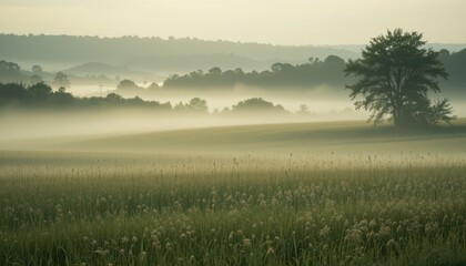 Obraz premium Serene Misty Landscape with Rolling Hills and Trees at Dawn