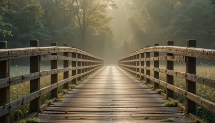 Misty Morning Bridge Over Tranquil Pathway in Serene Forest
