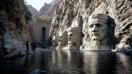 with giant statues of forgotten mythic heroes watching over a mystical portal