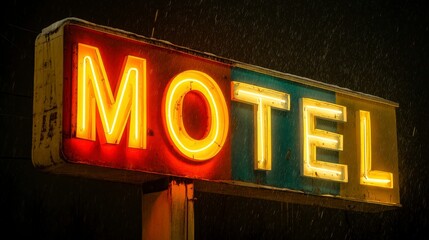 Obraz premium Retro motel sign at night, illuminated with red, yellow, and blue neon lights, snow falling.