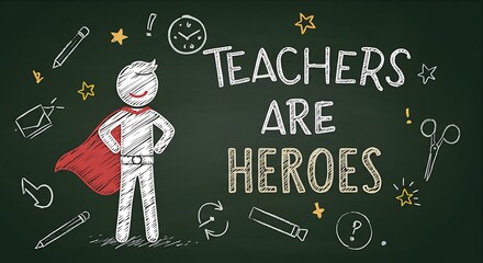 Superhero Teacher Chalkboard Illustration: Teachers Are Heroes Appreciation Graphic with School Supplies, Stars, Clock for Educational, Gratitude, and Motivation themed Designs
