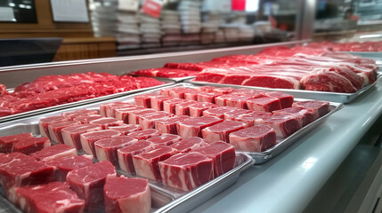 Wide-angle view of butcher shop display filled with premium raw meat cuts