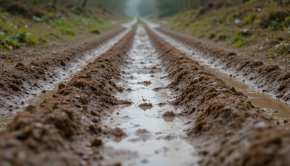 Naklejka premium Wet Muddy Path with Water Puddles through Green Forest Landscape