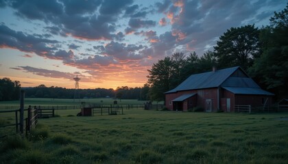 Serene Red Barn Against a Vibrant Sunset in Rural Landscape