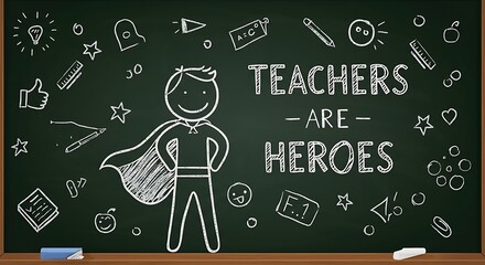 "Teachers Are Heroes": Chalkboard Illustration of a Smiling Teacher with Cape, Surrounded by School Icons, Concept for Teacher Appreciation Week