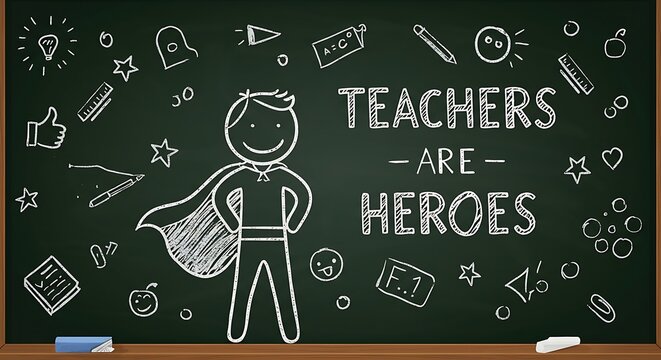 "Teachers Are Heroes": Chalkboard Illustration of a Smiling Teacher with Cape, Surrounded by School Icons, Concept for Teacher Appreciation Week