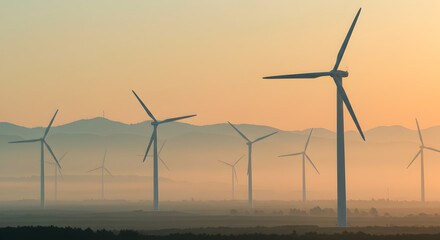 Fototapeta premium Renewable Wind Turbines at Sunrise Generating Clean Power Against Misty Hills in a Serene and Sustainable Field