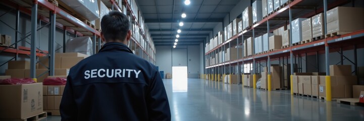 Man in security uniform stands in a large warehouse aisle among shelves of boxes. Warehouse security.