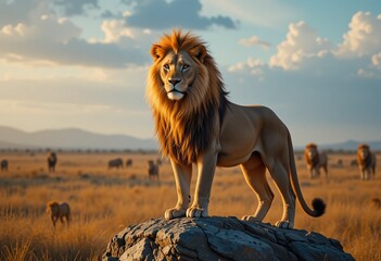 Majestic Lion on Savannah Rock – King of the Jungle Wildlife Scene