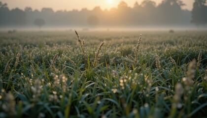 Fototapeta premium Morning Mist Over Dewy Grass Field at Sunrise with Warm Glow