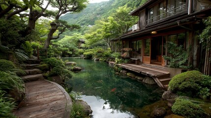 Fototapeta premium Serene Japanese garden with a traditional house, koi pond, stone pathway, lush greenery, and mountainous backdrop.