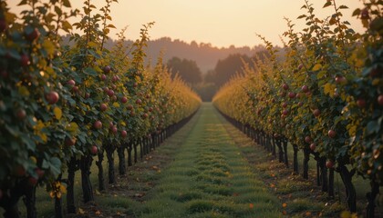 Naklejka premium Sunlit Vineyard Pathway with Fresh Apples and Lush Greenery