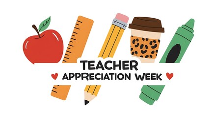 Teacher Appreciation Week Icon Set Featuring Apple, Ruler, Pencil, Coffee Cup, and Crayon in a Fun, Colorful Style Against White Background