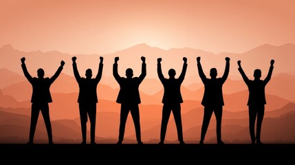Fototapeta premium Silhouettes of seven triumphant figures stand against a sunset backdrop of layered mountains.