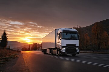 White semi-truck on highway at sunrise