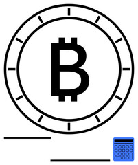 Bitcoin logo encased in a clock-thumbs up frame representing time and cryptocurrency. Blue calculator adds a finance concept. Ideal for blockchain, investment, saving, fintech, trading, economy