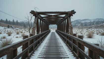 Fototapeta premium Snowy Wooden Bridge in Winter Landscape with Overcast Sky