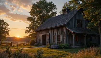 Obraz premium Rustic wooden barn at sunset with vibrant golden sky and trees