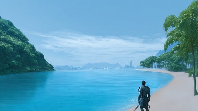A lush beautiful tropical beach with bright blue water, palin an unknown futuristic world. a back shot of a strong roman warrior staring off at the water, standing on the beach.
