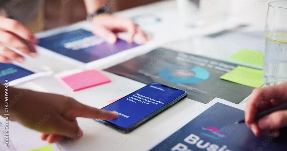 Poster meeting, documents and hands of business people with phone for planning, mobile app ui and web desig