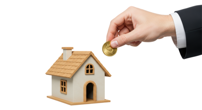 Isolated Hand Placing Coin on House Roof - Investment Concept