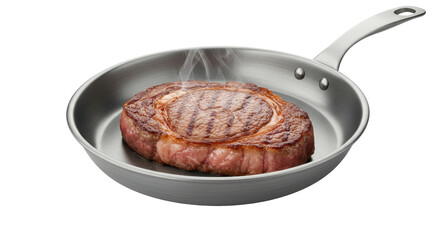 Isolated Steak in a Stainless Steel Frying Pan