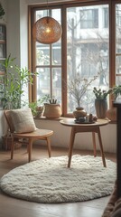 Fototapeta premium Cozy living room interior with wooden furniture plants and natural light.