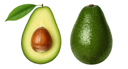 Isolated Halved and Whole Avocado with Leaf