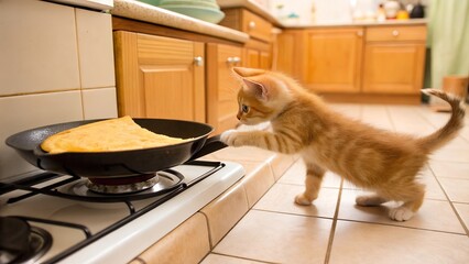 This candid photograph captures a small, curious orange tabby kitten standing on a tiled kitchen floor. With playful intent, it reaches out a paw towards the handle of a black fryi